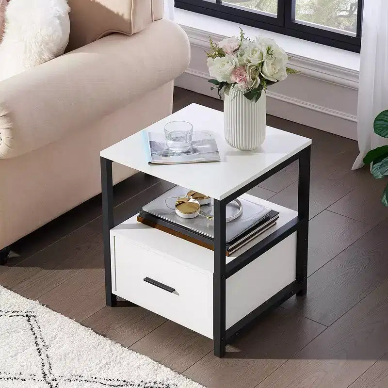VECELO Modern Wooden Nightstand with Drawer Square End Bedside Tables with Open Shelf, Stable Metal Frame Small Side Tables