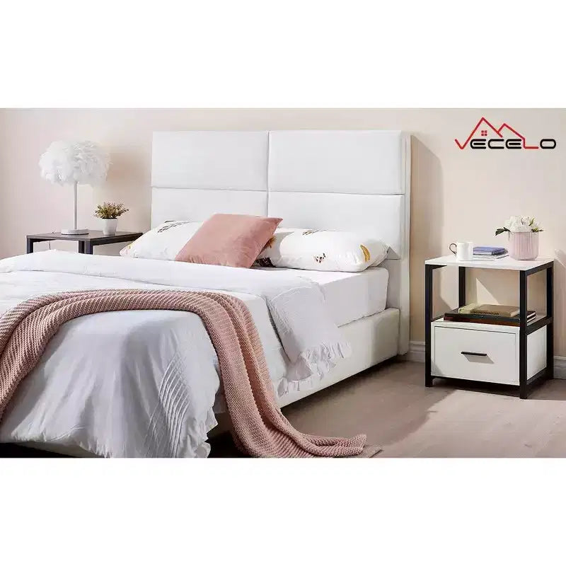 VECELO Modern Wooden Nightstand with Drawer Square End Bedside Tables with Open Shelf, Stable Metal Frame Small Side Tables