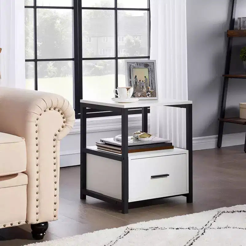 VECELO Modern Wooden Nightstand with Drawer Square End Bedside Tables with Open Shelf, Stable Metal Frame Small Side Tables