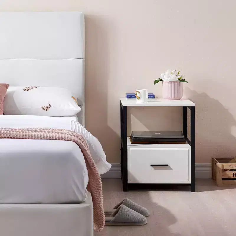 VECELO Modern Wooden Nightstand with Drawer Square End Bedside Tables with Open Shelf, Stable Metal Frame Small Side Tables