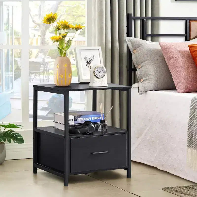 VECELO Modern Wooden Nightstand with Drawer Square End Bedside Tables with Open Shelf, Stable Metal Frame Small Side Tables