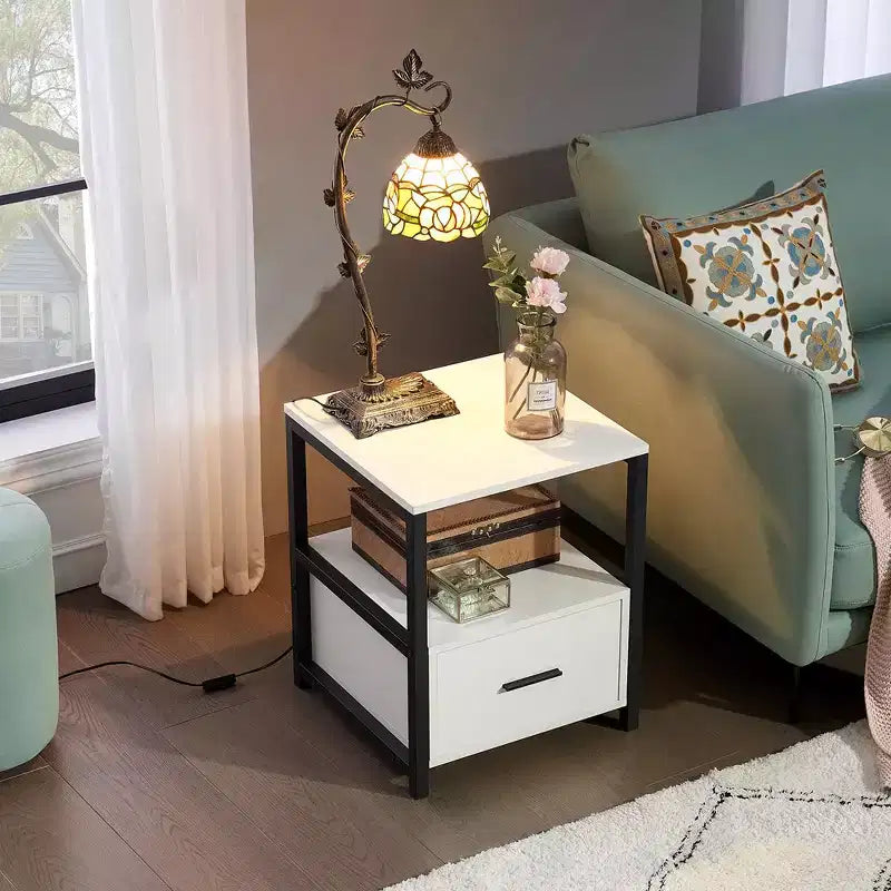 VECELO Modern Wooden Nightstand with Drawer Square End Bedside Tables with Open Shelf, Stable Metal Frame Small Side Tables