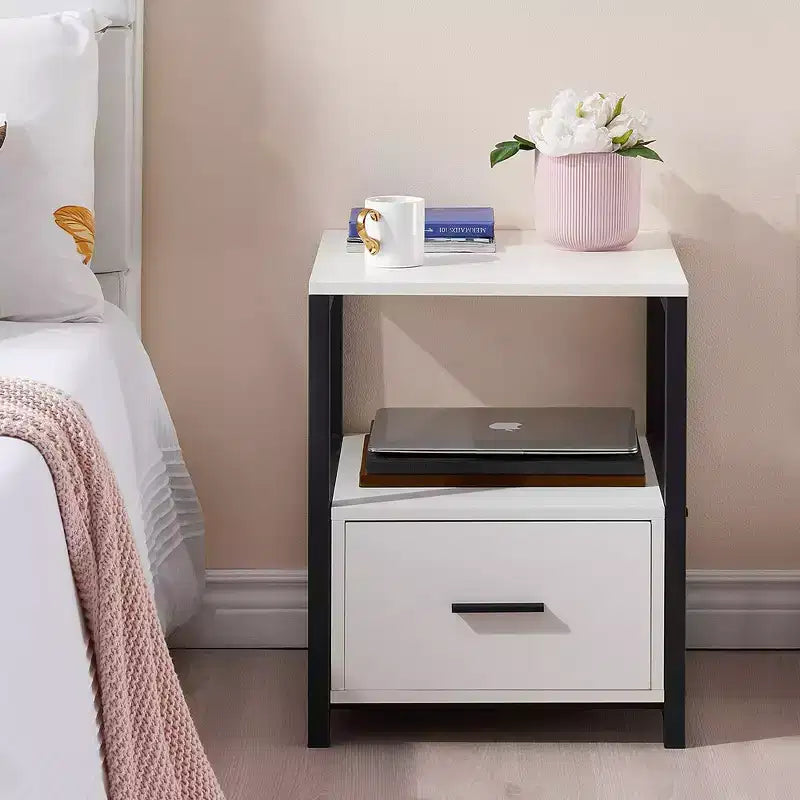 VECELO Modern Wooden Nightstand with Drawer Square End Bedside Tables with Open Shelf, Stable Metal Frame Small Side Tables