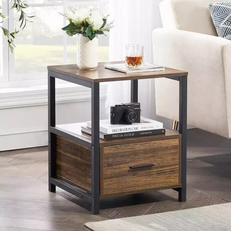 VECELO Modern Wooden Nightstand with Drawer Square End Bedside Tables with Open Shelf, Stable Metal Frame Small Side Tables