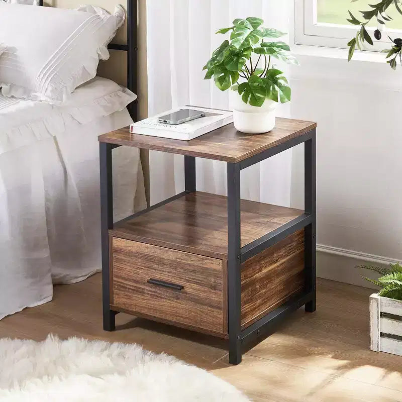 VECELO Modern Wooden Nightstand with Drawer Square End Bedside Tables with Open Shelf, Stable Metal Frame Small Side Tables