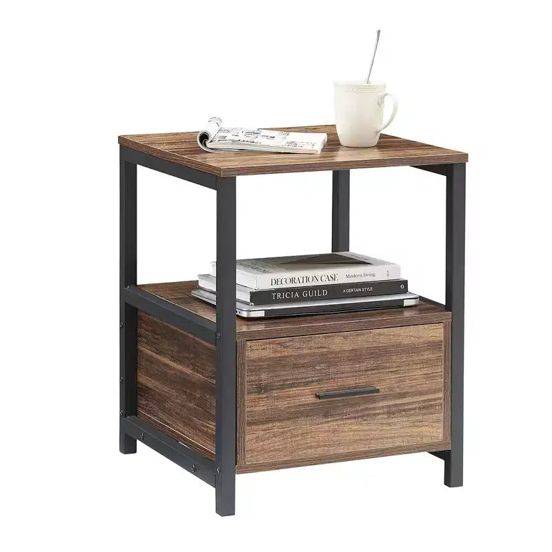 VECELO Modern Wooden Nightstand with Drawer Square End Bedside Tables with Open Shelf, Stable Metal Frame Small Side Tables