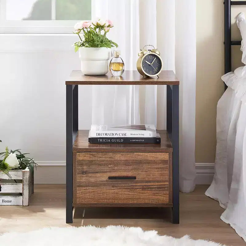 VECELO Modern Wooden Nightstand with Drawer Square End Bedside Tables with Open Shelf, Stable Metal Frame Small Side Tables