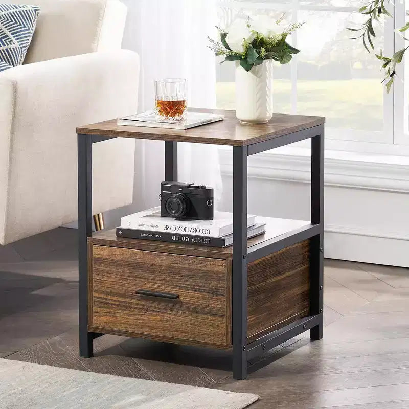 VECELO Modern Wooden Nightstand with Drawer Square End Bedside Tables with Open Shelf, Stable Metal Frame Small Side Tables
