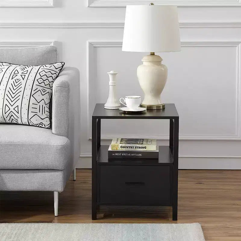 VECELO Modern Wooden Nightstand with Drawer Square End Bedside Tables with Open Shelf, Stable Metal Frame Small Side Tables