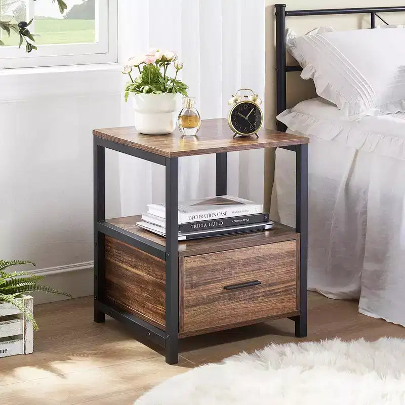 VECELO Modern Wooden Nightstand with Drawer Square End Bedside Tables with Open Shelf, Stable Metal Frame Small Side Tables