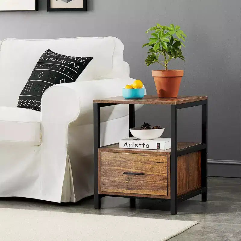 VECELO Modern Wooden Nightstand with Drawer Square End Bedside Tables with Open Shelf, Stable Metal Frame Small Side Tables