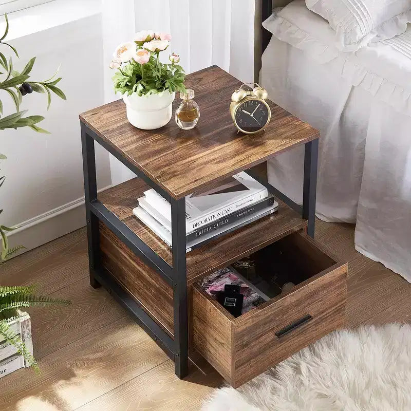 VECELO Modern Wooden Nightstand with Drawer Square End Bedside Tables with Open Shelf, Stable Metal Frame Small Side Tables
