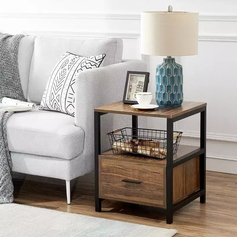 VECELO Modern Wooden Nightstand with Drawer Square End Bedside Tables with Open Shelf, Stable Metal Frame Small Side Tables