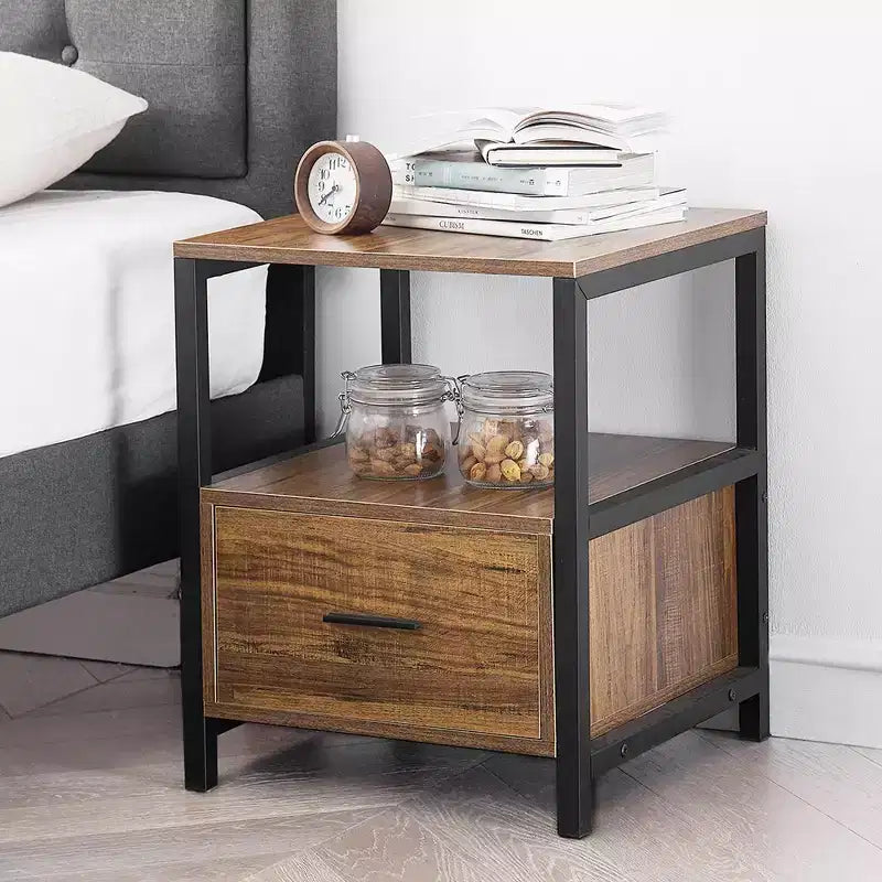 VECELO Modern Wooden Nightstand with Drawer Square End Bedside Tables with Open Shelf, Stable Metal Frame Small Side Tables