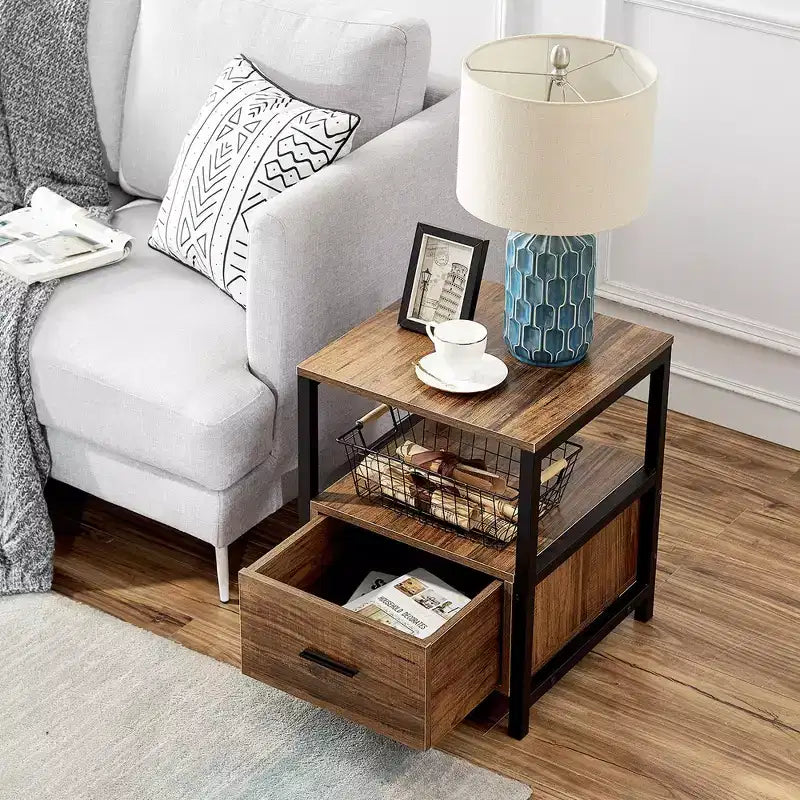 VECELO Modern Wooden Nightstand with Drawer Square End Bedside Tables with Open Shelf, Stable Metal Frame Small Side Tables