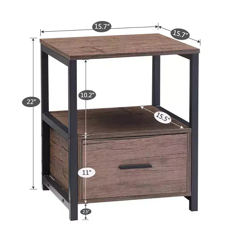 VECELO Modern Wooden Nightstand with Drawer Square End Bedside Tables with Open Shelf, Stable Metal Frame Small Side Tables