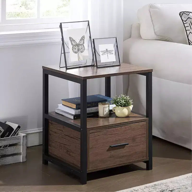 VECELO Modern Wooden Nightstand with Drawer Square End Bedside Tables with Open Shelf, Stable Metal Frame Small Side Tables