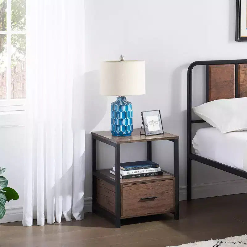 VECELO Modern Wooden Nightstand with Drawer Square End Bedside Tables with Open Shelf, Stable Metal Frame Small Side Tables