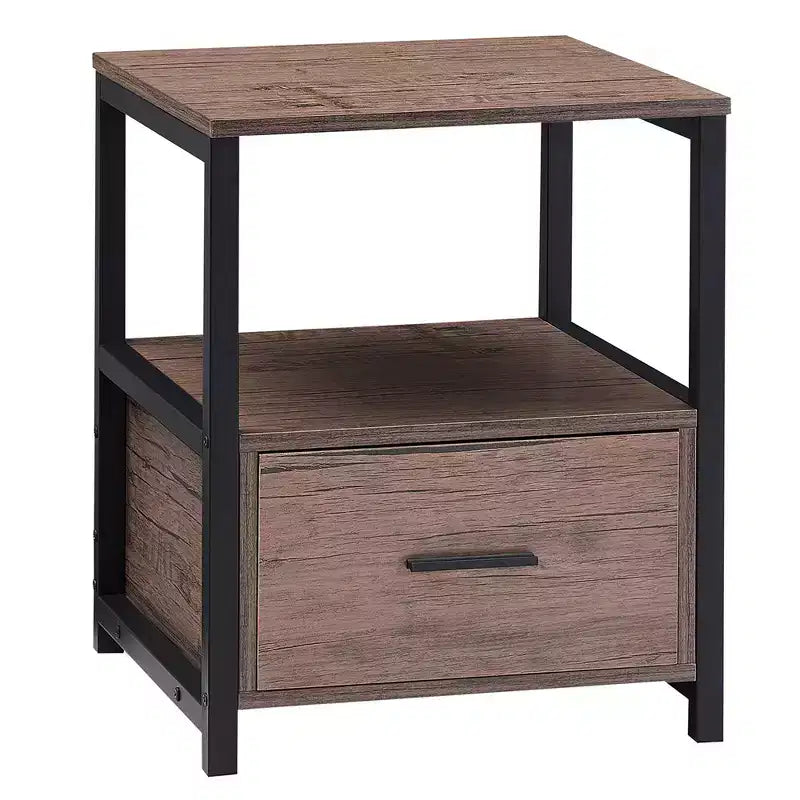VECELO Modern Wooden Nightstand with Drawer Square End Bedside Tables with Open Shelf, Stable Metal Frame Small Side Tables
