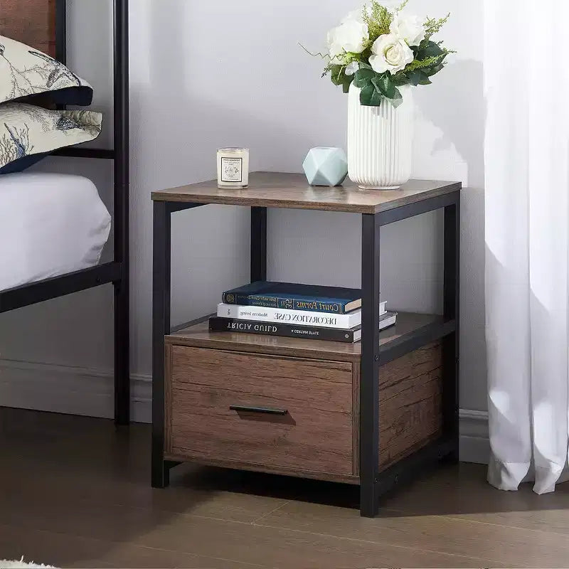 VECELO Modern Wooden Nightstand with Drawer Square End Bedside Tables with Open Shelf, Stable Metal Frame Small Side Tables