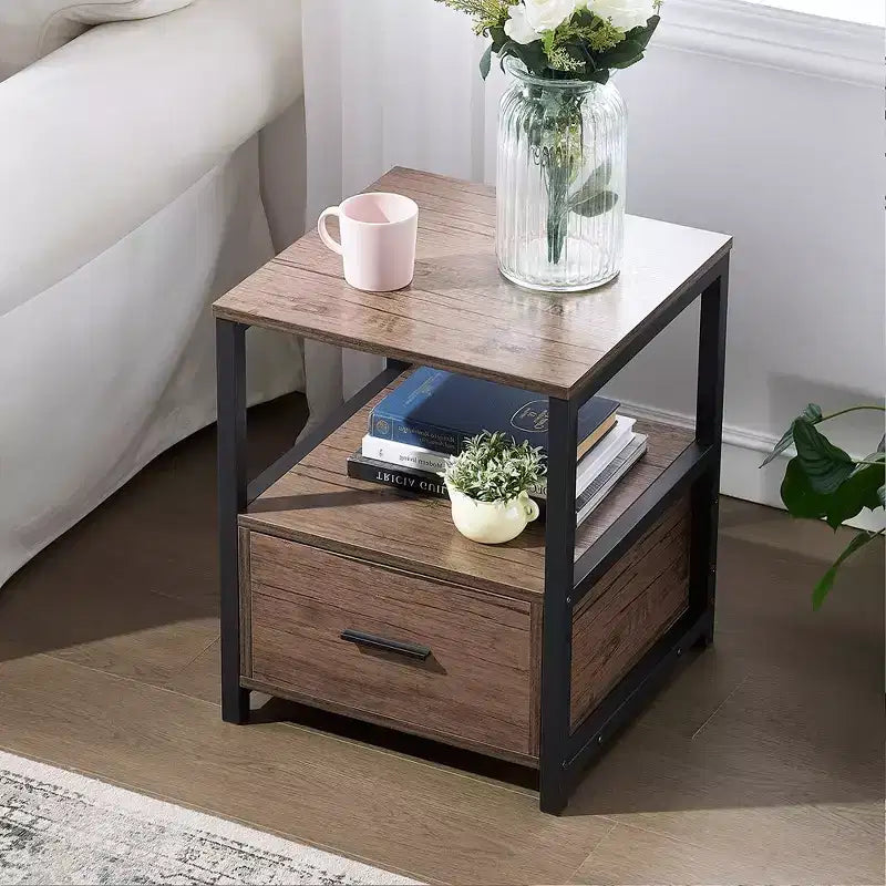 VECELO Modern Wooden Nightstand with Drawer Square End Bedside Tables with Open Shelf, Stable Metal Frame Small Side Tables