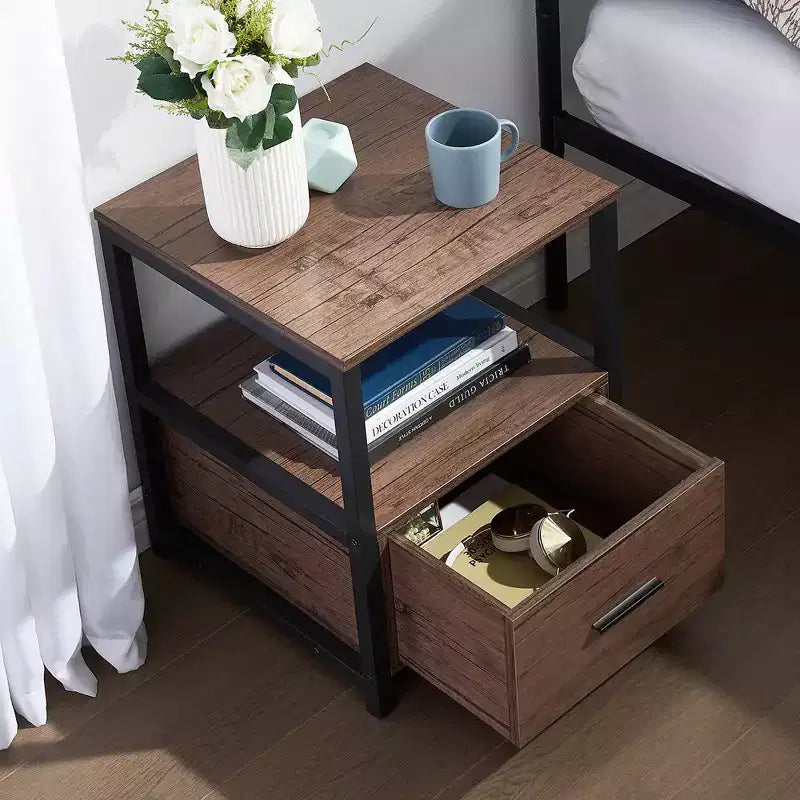 VECELO Modern Wooden Nightstand with Drawer Square End Bedside Tables with Open Shelf, Stable Metal Frame Small Side Tables