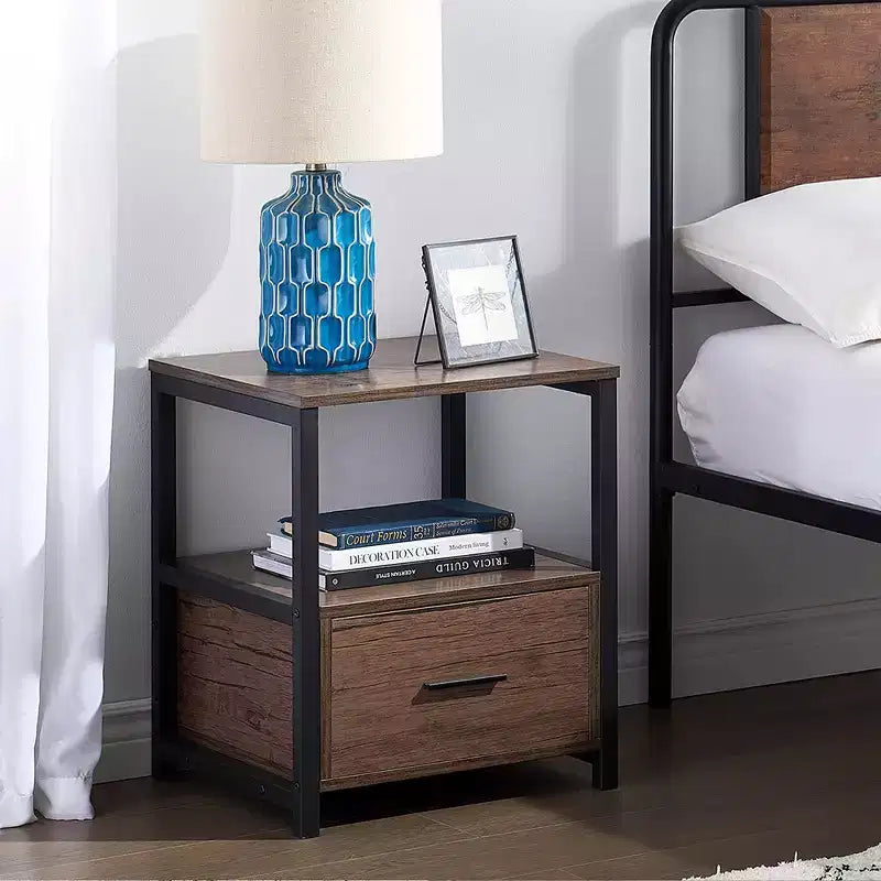 VECELO Modern Wooden Nightstand with Drawer Square End Bedside Tables with Open Shelf, Stable Metal Frame Small Side Tables
