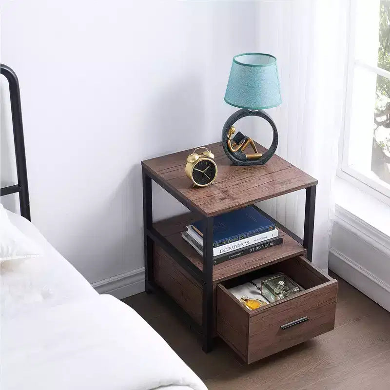 VECELO Modern Wooden Nightstand with Drawer Square End Bedside Tables with Open Shelf, Stable Metal Frame Small Side Tables