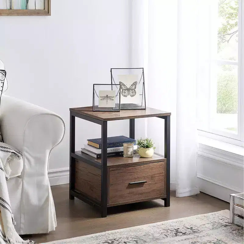 VECELO Modern Wooden Nightstand with Drawer Square End Bedside Tables with Open Shelf, Stable Metal Frame Small Side Tables