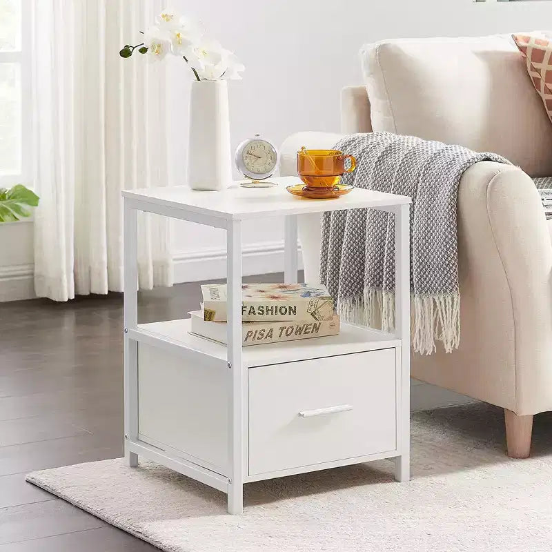 VECELO Modern Wooden Nightstand with Drawer Square End Bedside Tables with Open Shelf, Stable Metal Frame Small Side Tables