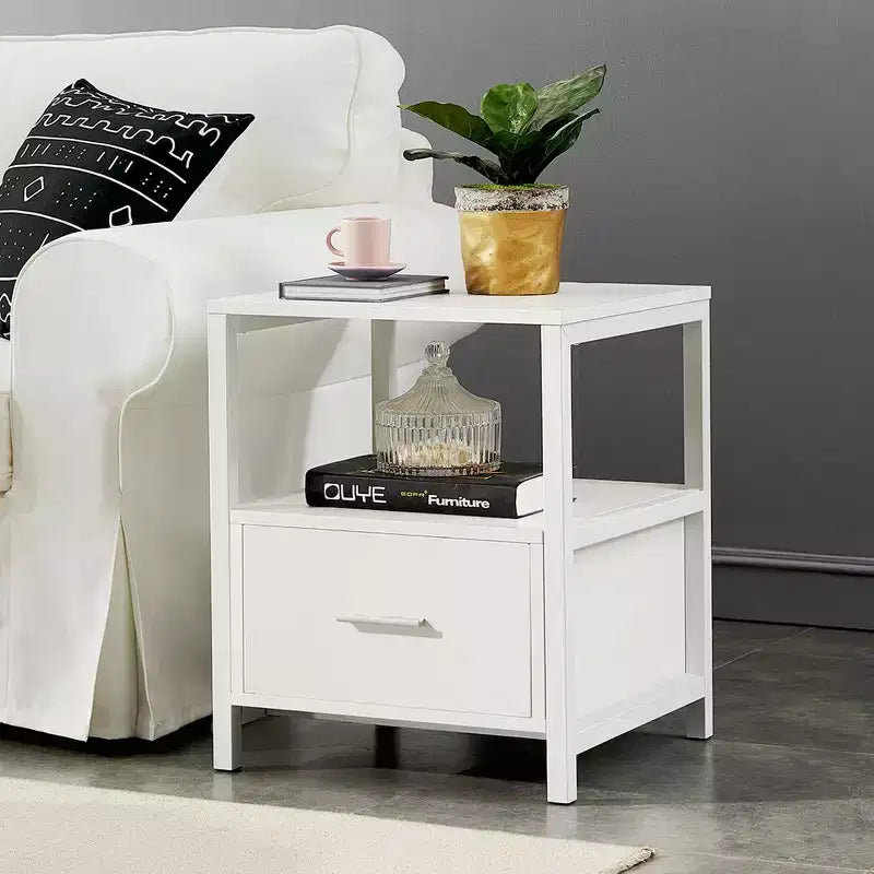 VECELO Modern Wooden Nightstand with Drawer Square End Bedside Tables with Open Shelf, Stable Metal Frame Small Side Tables