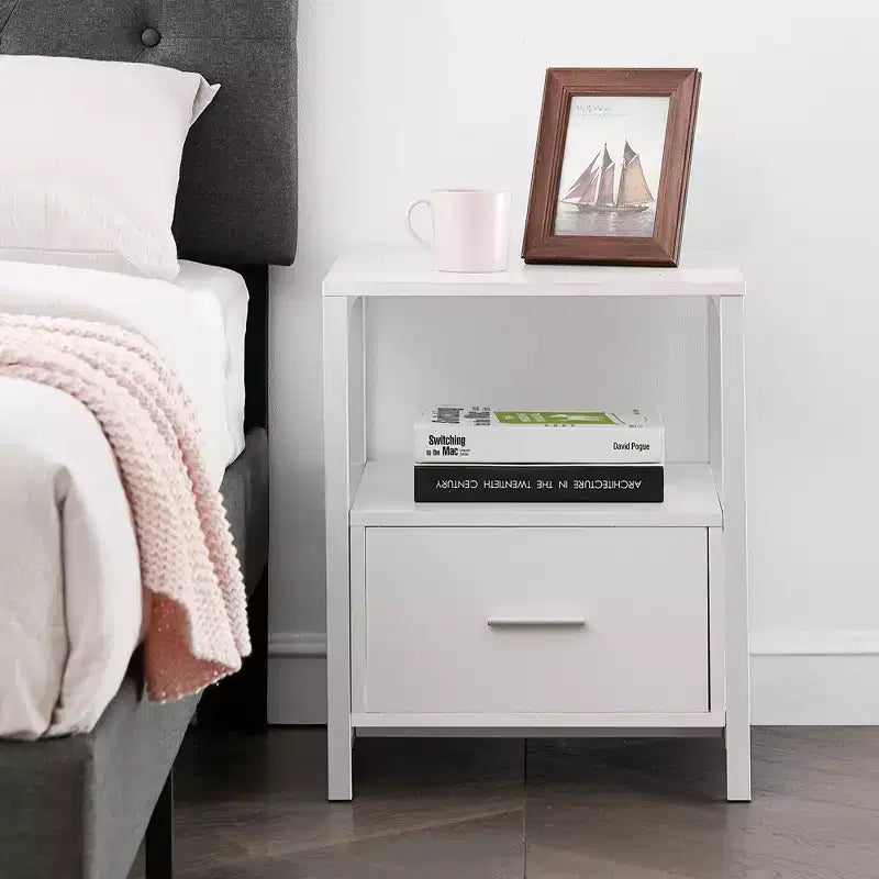 VECELO Modern Wooden Nightstand with Drawer Square End Bedside Tables with Open Shelf, Stable Metal Frame Small Side Tables