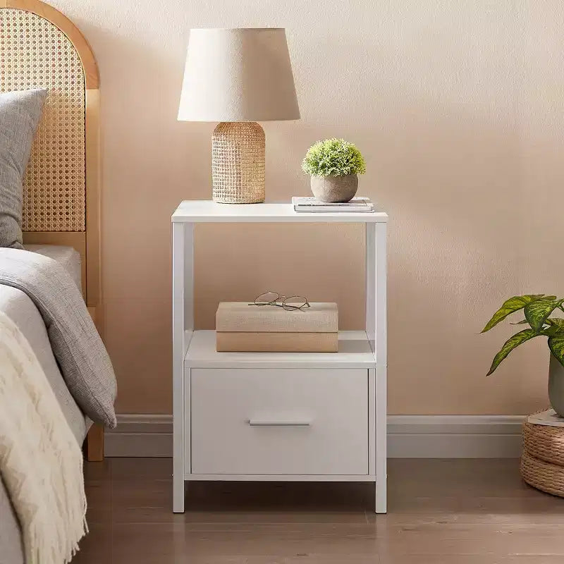 VECELO Modern Wooden Nightstand with Drawer Square End Bedside Tables with Open Shelf, Stable Metal Frame Small Side Tables