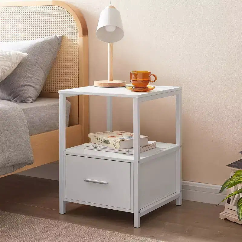 VECELO Modern Wooden Nightstand with Drawer Square End Bedside Tables with Open Shelf, Stable Metal Frame Small Side Tables