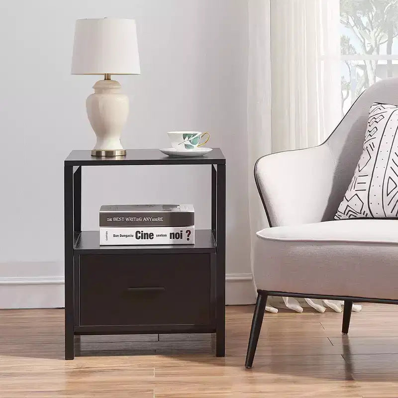 VECELO Modern Wooden Nightstand with Drawer Square End Bedside Tables with Open Shelf, Stable Metal Frame Small Side Tables
