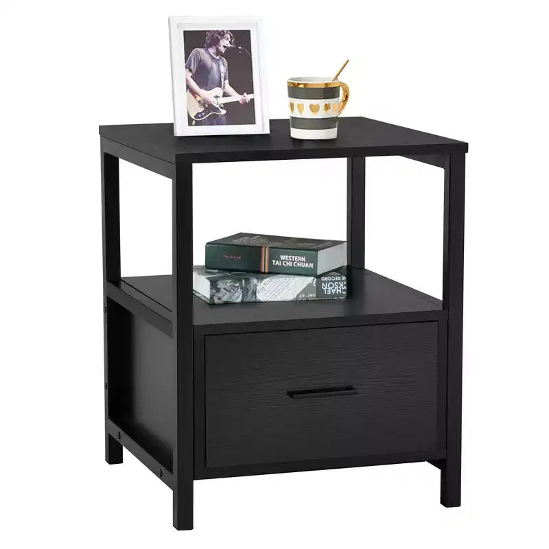 VECELO Modern Wooden Nightstand with Drawer Square End Bedside Tables with Open Shelf, Stable Metal Frame Small Side Tables