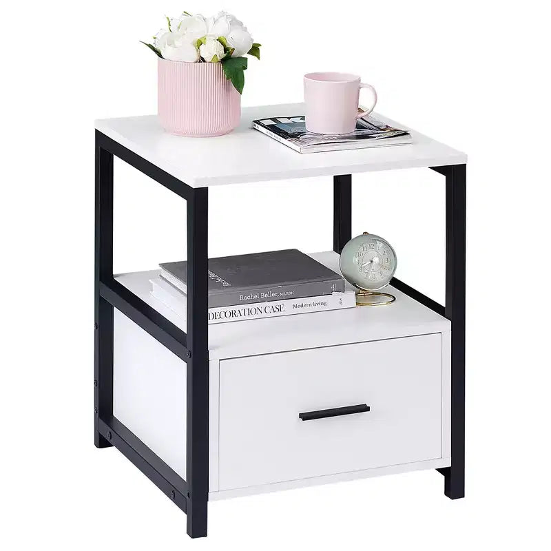 VECELO Modern Wooden Nightstand with Drawer Square End Bedside Tables with Open Shelf, Stable Metal Frame Small Side Tables
