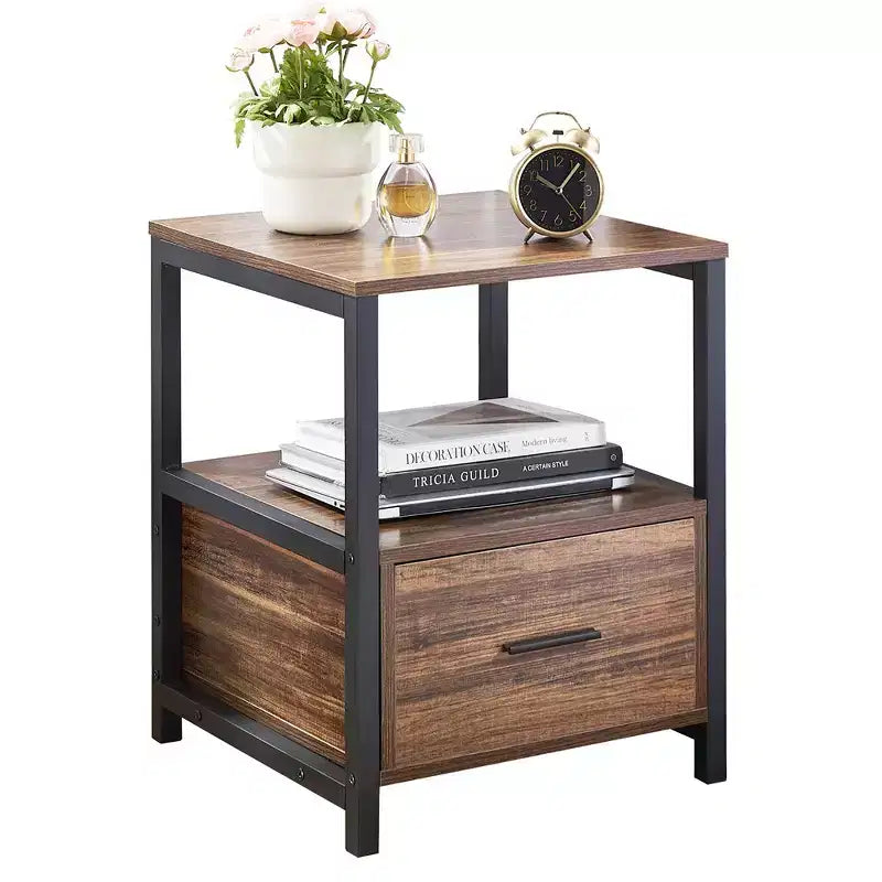 VECELO Modern Wooden Nightstand with Drawer Square End Bedside Tables with Open Shelf, Stable Metal Frame Small Side Tables