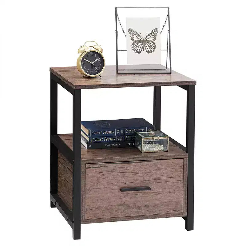 VECELO Modern Wooden Nightstand with Drawer Square End Bedside Tables with Open Shelf, Stable Metal Frame Small Side Tables