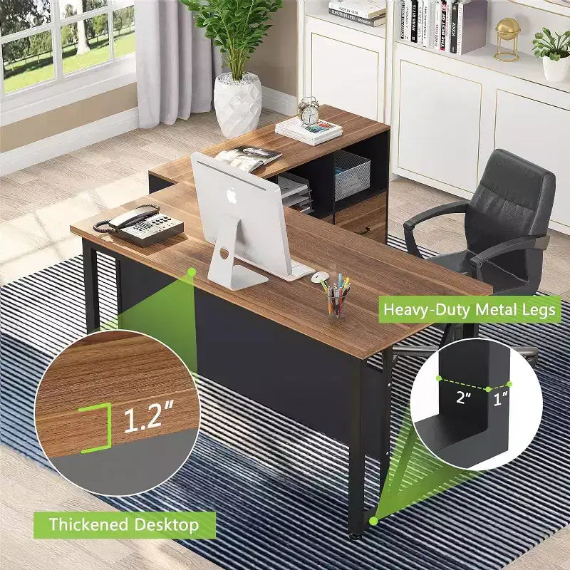 Lantine L Shaped Executive Computer Desk with Lateral File Cabinet