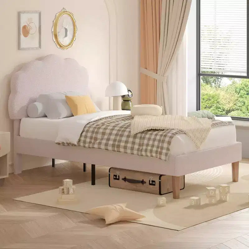 VECELO Wooden Cloud-Shaped Kids Bed Frame Upholstered Platform Bed with Adjustable Headboard, No Box Spring Needed