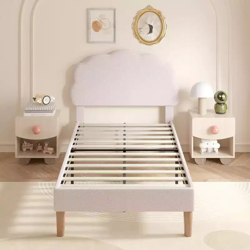 VECELO Wooden Cloud-Shaped Kids Bed Frame Upholstered Platform Bed with Adjustable Headboard, No Box Spring Needed