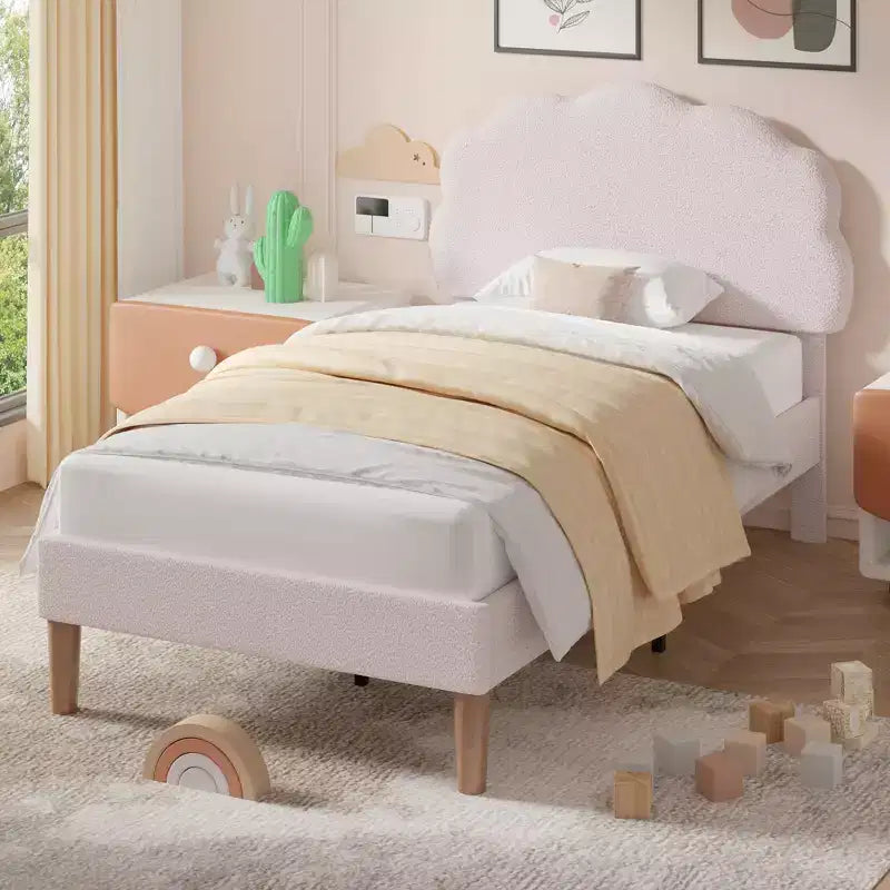 VECELO Wooden Cloud-Shaped Kids Bed Frame Upholstered Platform Bed with Adjustable Headboard, No Box Spring Needed