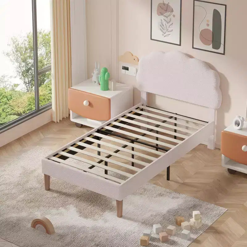 VECELO Wooden Cloud-Shaped Kids Bed Frame Upholstered Platform Bed with Adjustable Headboard, No Box Spring Needed