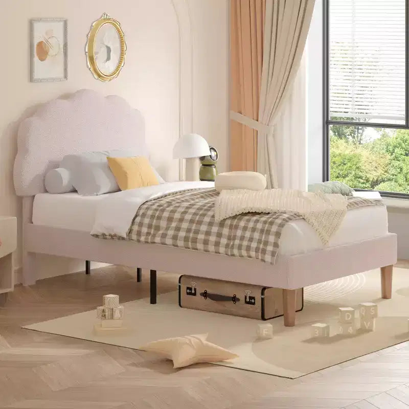 VECELO Wooden Cloud-Shaped Kids Bed Frame Upholstered Platform Bed with Adjustable Headboard, No Box Spring Needed