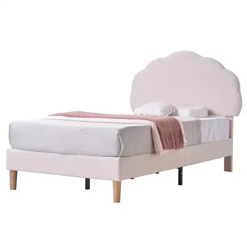 VECELO Wooden Cloud-Shaped Kids Bed Frame Upholstered Platform Bed with Adjustable Headboard, No Box Spring Needed