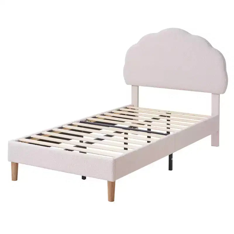 VECELO Wooden Cloud-Shaped Kids Bed Frame Upholstered Platform Bed with Adjustable Headboard, No Box Spring Needed