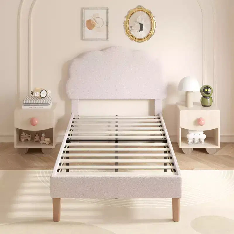VECELO Wooden Cloud-Shaped Kids Bed Frame Upholstered Platform Bed with Adjustable Headboard, No Box Spring Needed