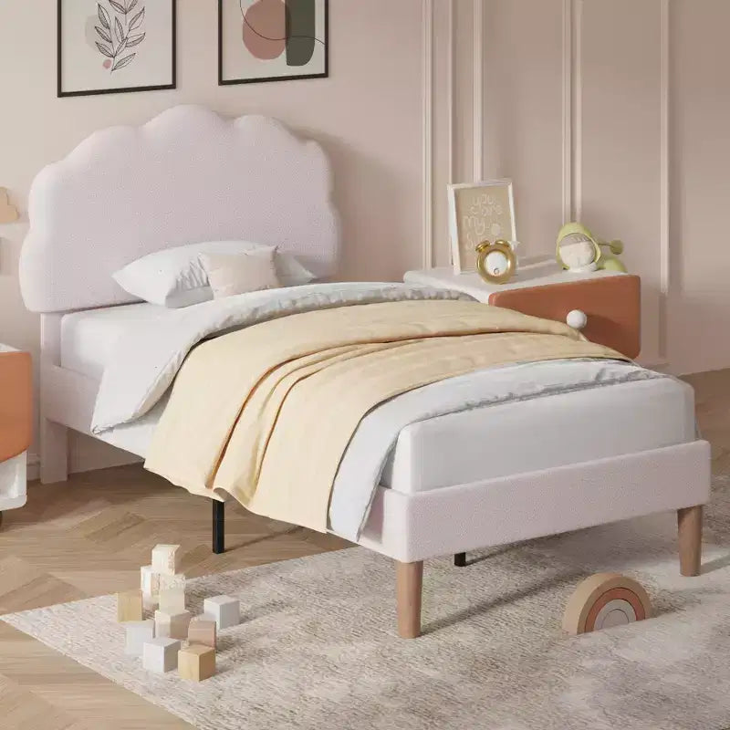 VECELO Wooden Cloud-Shaped Kids Bed Frame Upholstered Platform Bed with Adjustable Headboard, No Box Spring Needed