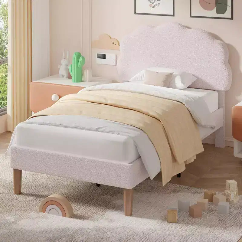 VECELO Wooden Cloud-Shaped Kids Bed Frame Upholstered Platform Bed with Adjustable Headboard, No Box Spring Needed